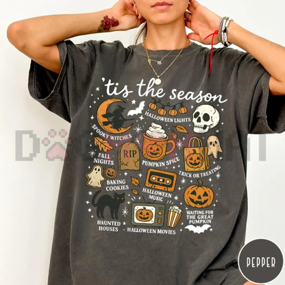 Tis The Season Pumpkin Witch Graphic Tee - Retro Vintage Halloween Soft Cotton Unisex Spooky Season Fall Aesthetic T-Shirt