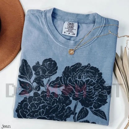 "Vintage Linocut Peonies & Ranunculus" Floral Graphic T-Shirt