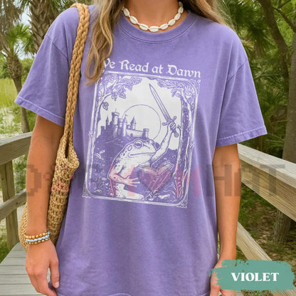 "We Read At Dawn" Bookish Frog & Medieval Graphic T-Shirt