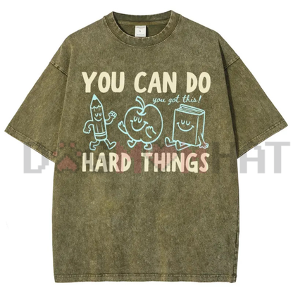 'You Can Do Hard Things' Vintage Washed T-Shirt - Retro Doodles Motivational Teacher Tee