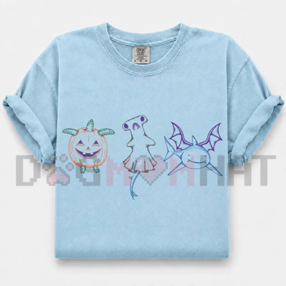 Spooky Ocean Legends Graphic Tee - Halloween Ghost Shark & Pumpkin Turtle Comfort Colors Cotton Shirt