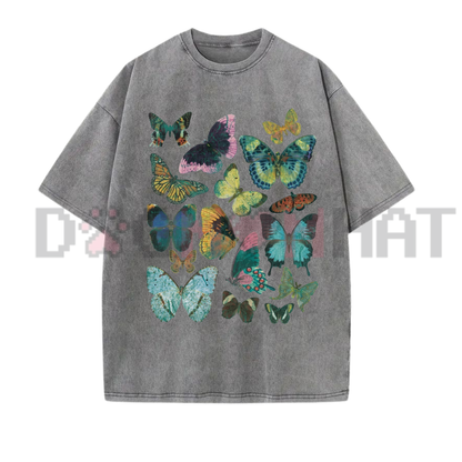 Ethereal Monarch Vintage Wash Graphic Tee - Flutter Butterfly Aesthetic Pure Cotton Oversized Unisex T-Shirt
