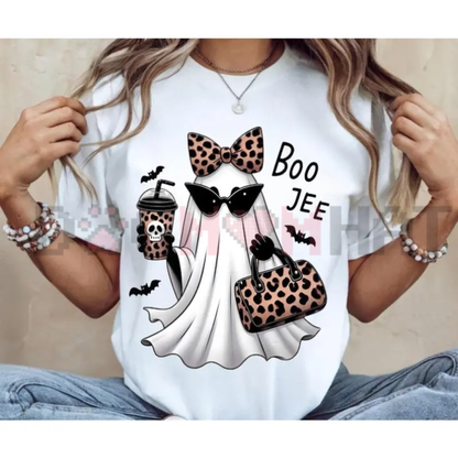 Boo-Jee Ghost Latte Graphic Tee - Leopard Print Coffee Pure Cotton Girly Halloween T-Shirt