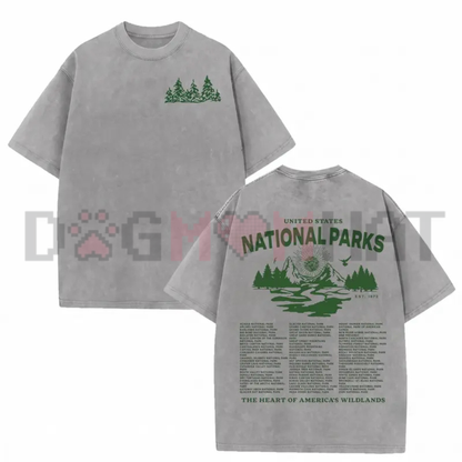National Parks Gothic Vintage Washed Graphic Tee - Heavyweight Acid Wash Cotton Unisex Grunge Streetwear Oversized T-Shirt