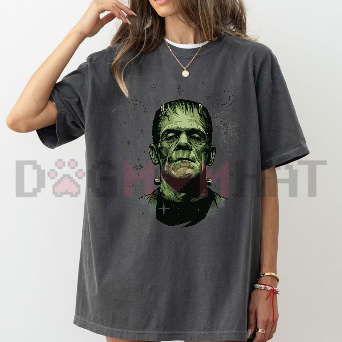 Retro Spooky Celestial Frankenstein & His Bride Front-Print Couple Tee