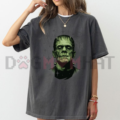 Retro Spooky Celestial Frankenstein & His Bride Front-Print Couple Tee