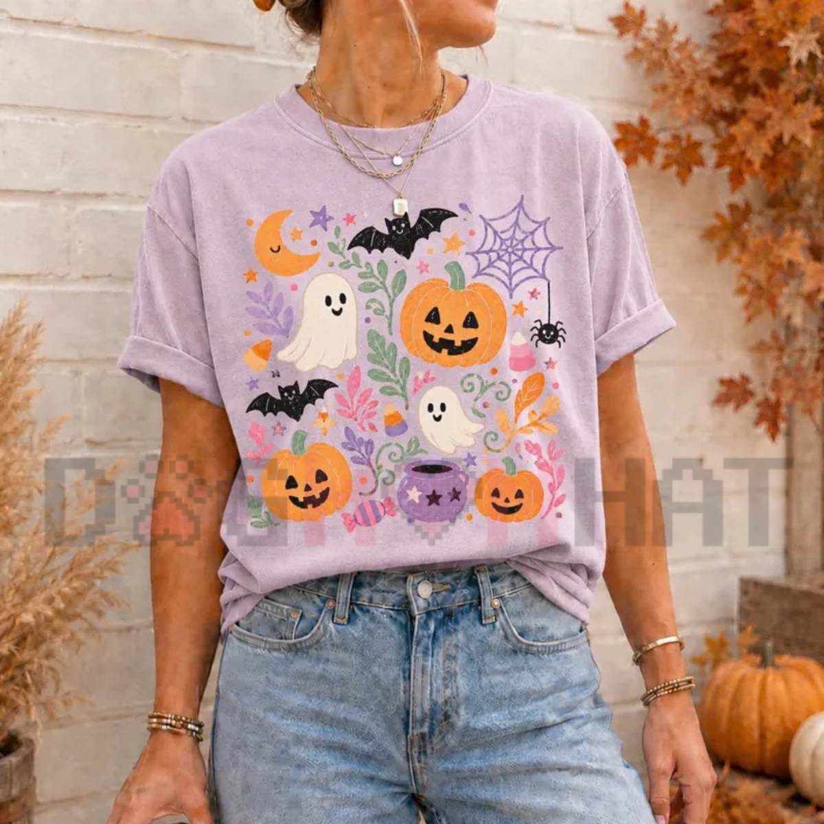 Floral Ghost Pumpkin Preppy Spooky Season Graphic T-Shirt