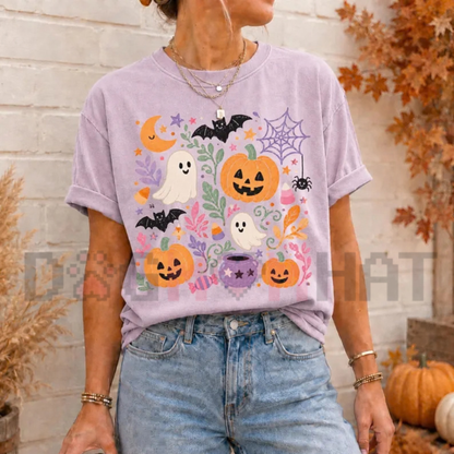 Floral Ghost Pumpkin Preppy Spooky Season Graphic T-Shirt