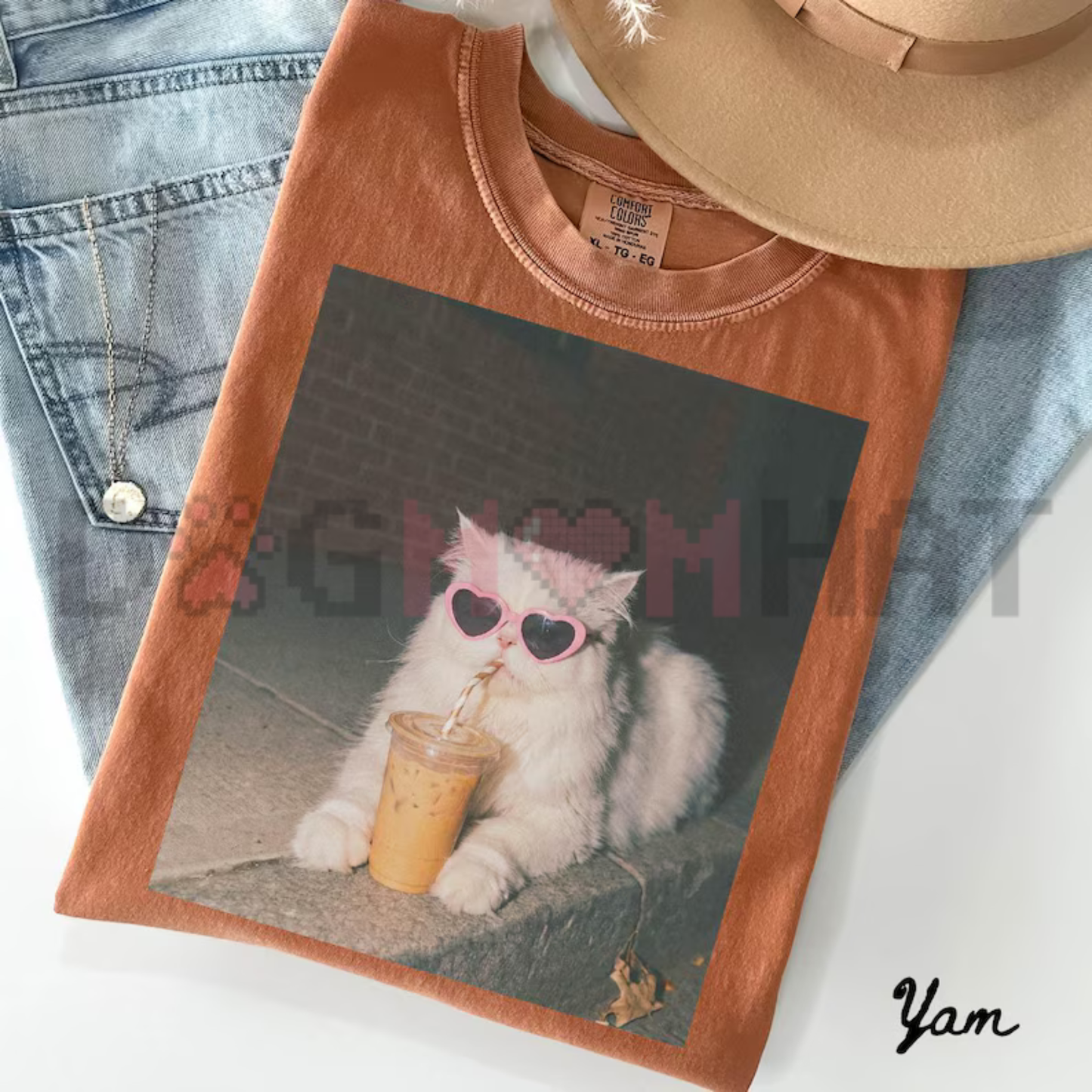Persian Cat Iced Coffee Graphic Tee - Cute Vintage Cotton Cat Mama Unisex T-Shirt Funny Mother's Day Gift