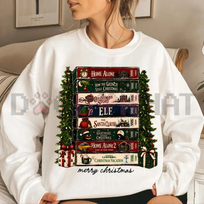 Retro Holiday VHS Tapes Graphic Sweatshirt - Vintage Christmas Movie Night Cotton Blend Unisex Crewneck Pullover