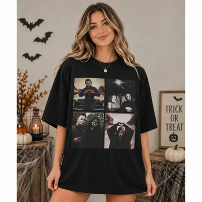 Women's Iconic Horror Movie Collage Graphic T-Shirt