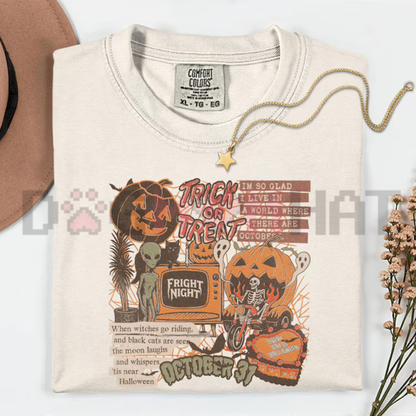 Vintage Spooky Icon Collage Graphic Tee - Retro Halloween Ghost Soft Cotton Unisex Fall Aesthetic T-Shirt