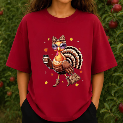 Leopard Turkey Drinking Coffee T-Shirt – Thanksgiving Graphic Tee