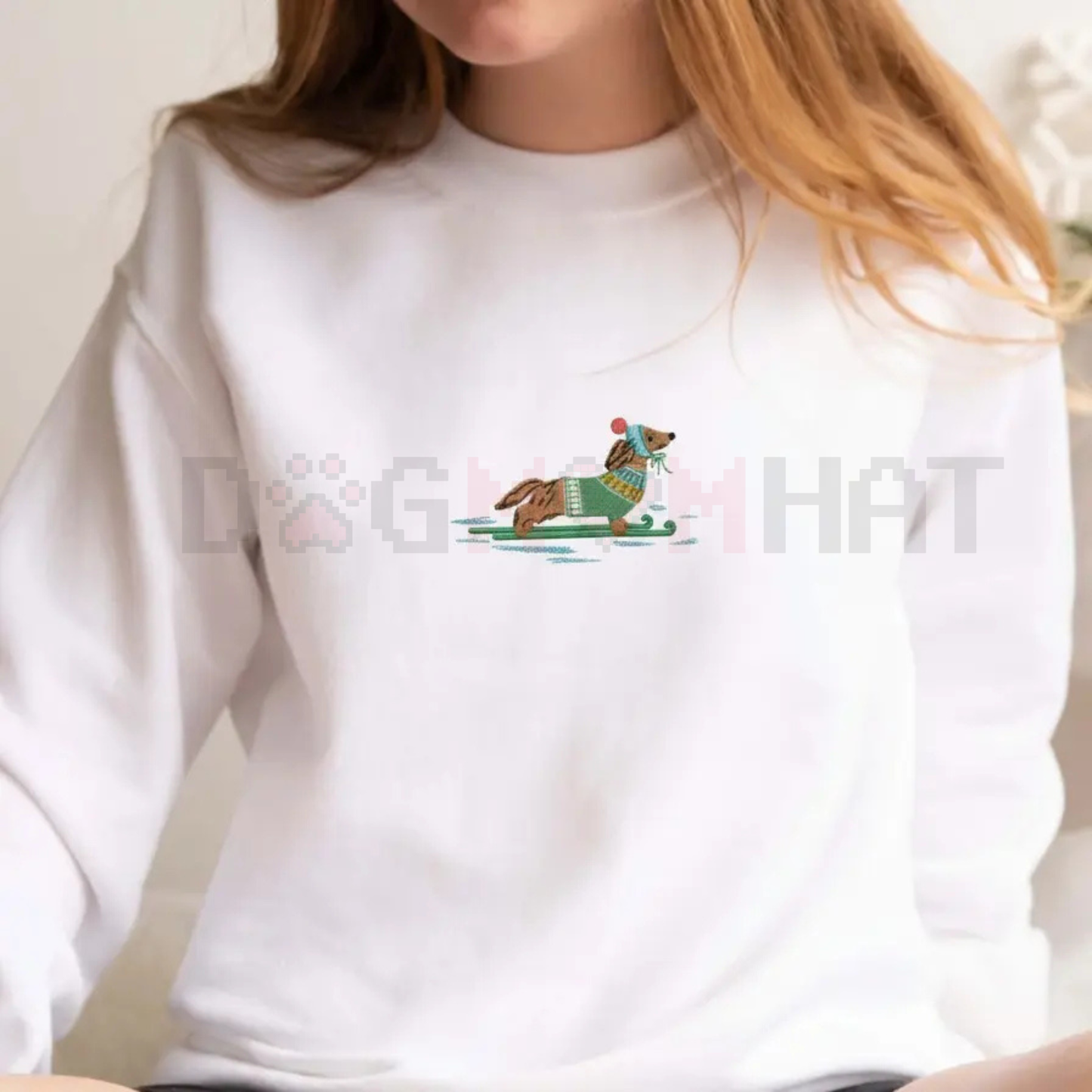 Dachshund on Skis Embroidered Sweatshirt – Funny Christmas Dog Crewneck
