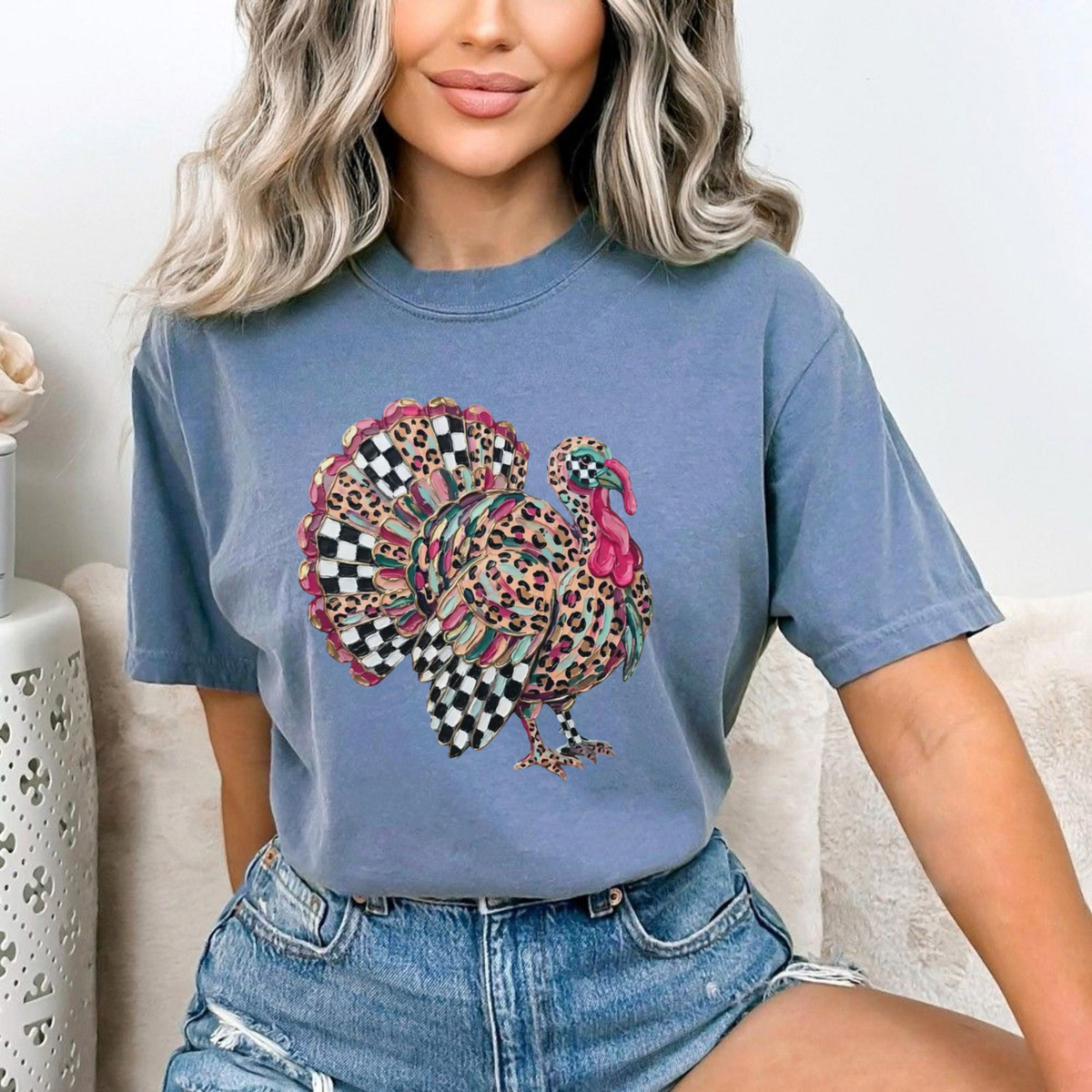 Festive Friction Tee – Leopard & Checkered Turkey Fall Graphic T-Shirt