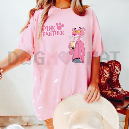 Pink Panther Boba Bliss Graphic Tee - Cute Cartoon Bubble Tea Unisex Pure Cotton Shirt