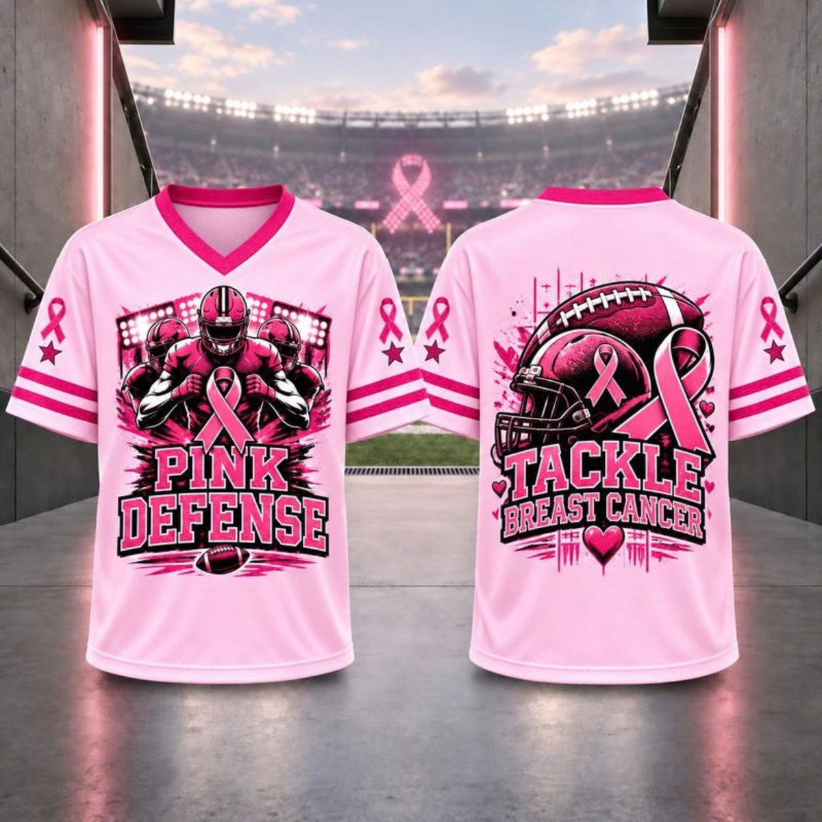 Pink Ribbon Breast Cancer Awareness V-Neck Football Jersey T-Shirt