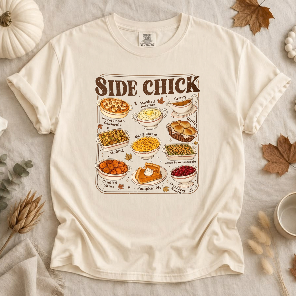 Festive Friction Tee – Retro "Side Chick" Funny Thanksgiving & Friendsgiving Graphic T-Shirt
