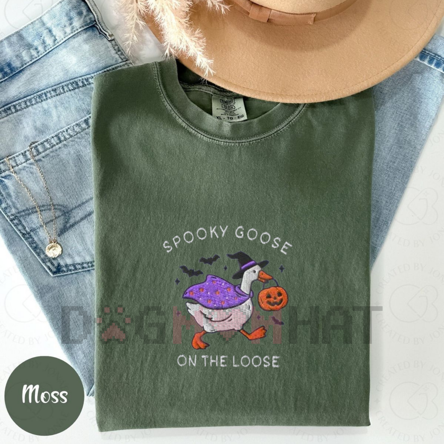 Embroidered Spooky Goose Comfort Colors® T-Shirt – Witchy Silly Goose Lover Tee