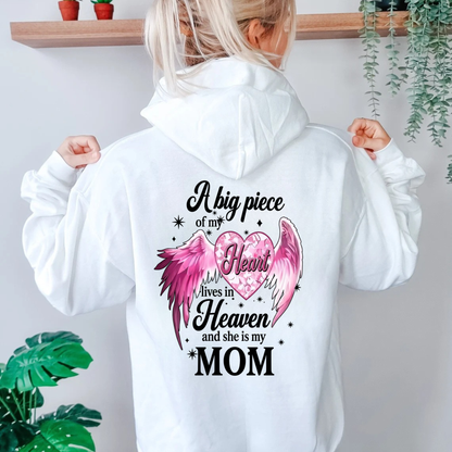 "A Big Piece Of My Heart Lives In Heaven Mom" Angel Wing Memorial Back Print Hoodie