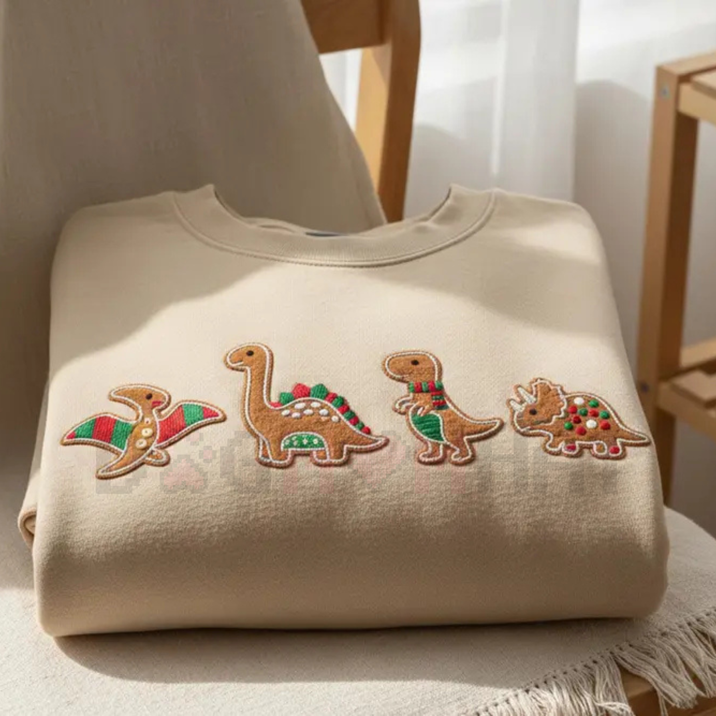 Embroidered Gingerbread Dinosaur Christmas Sweatshirt