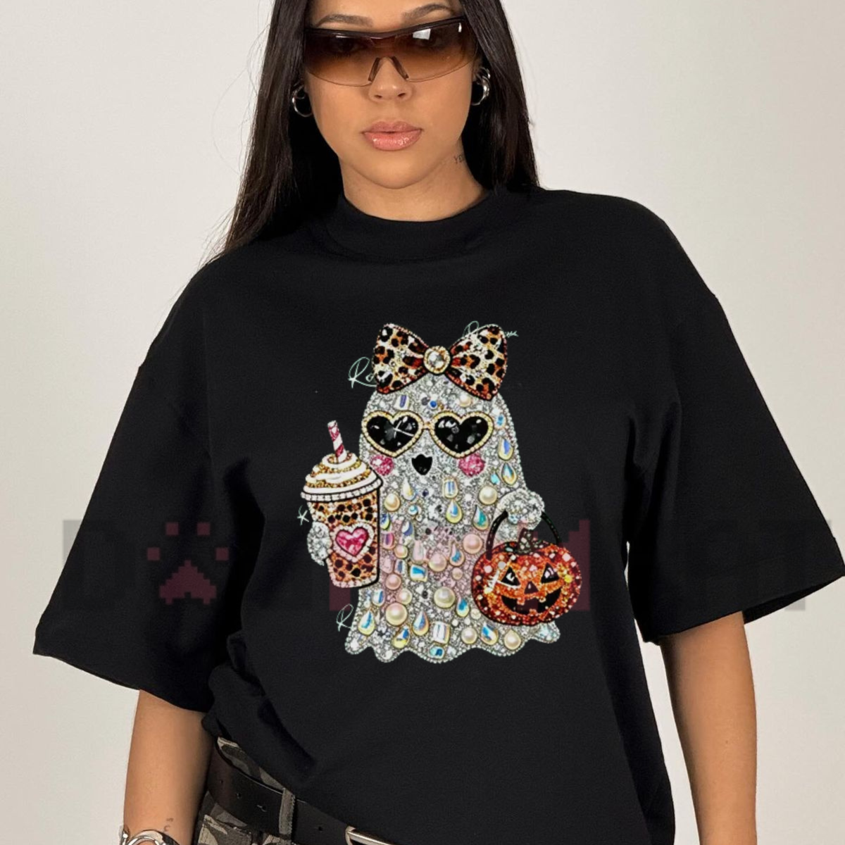 Ghost Bow Coffee Pumpkin Autumn Graphic T-Shirt