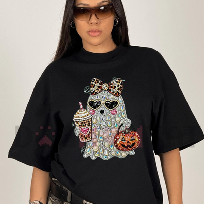 Ghost Bow Coffee Pumpkin Autumn Graphic T-Shirt