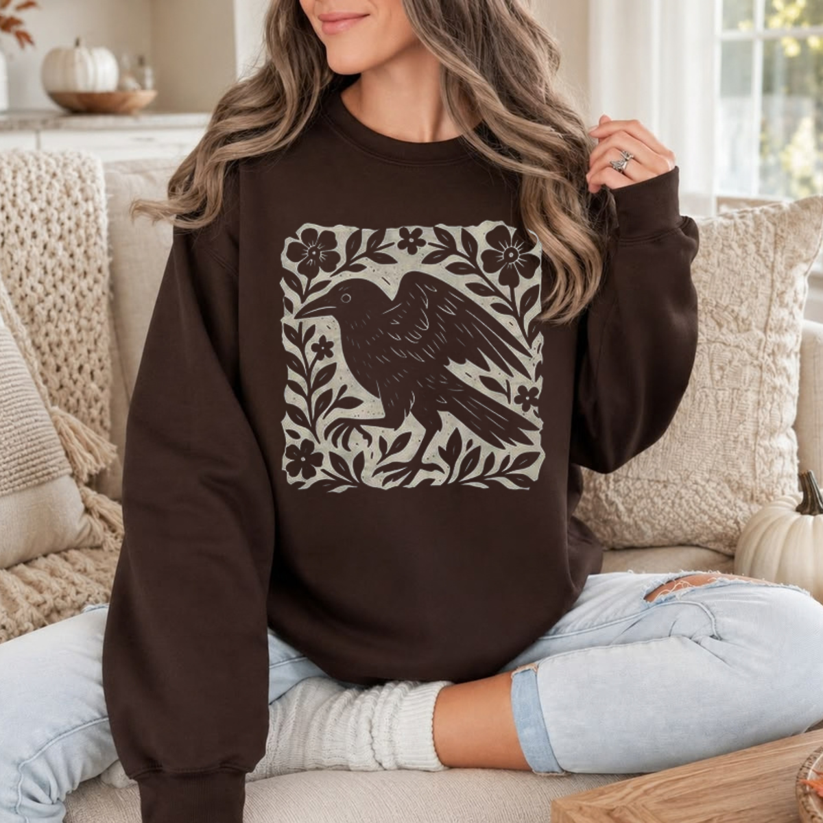 Parke Horizon Sweatshirt – Gothic Raven Linocut Style Dark Academia Graphic Crewneck