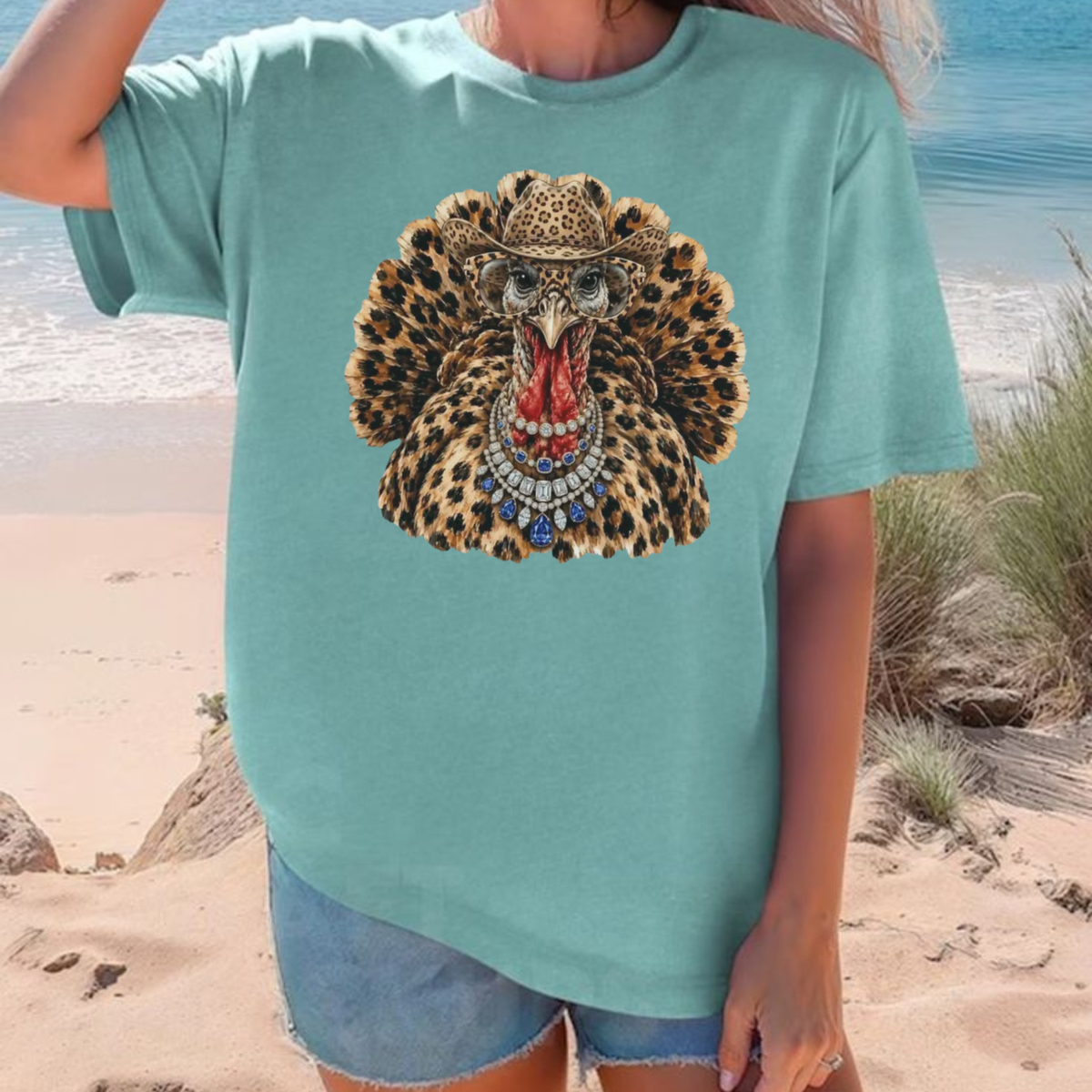 Festive Friction Tee – Rhinestone Leopard Turkey Sparkly Bling Thanksgiving Graphic T-Shirt