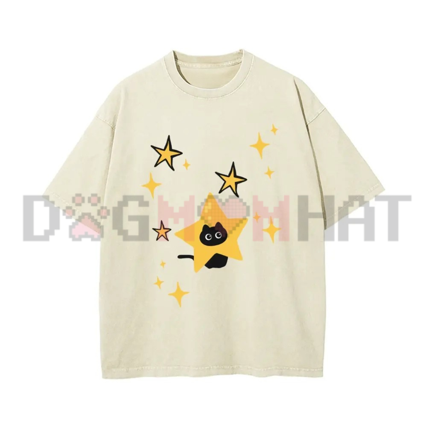 Minimalist Cartoon Kitten and Star Graphic Washed Tee - Y2K Retro Soft Cotton Unisex Oversized T-Shirt