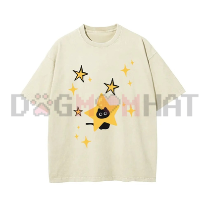 Minimalist Cartoon Kitten and Star Graphic Washed Tee - Y2K Retro Soft Cotton Unisex Oversized T-Shirt