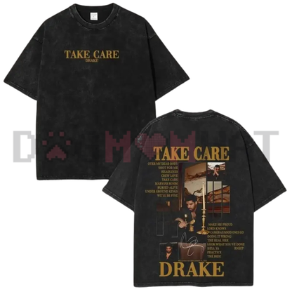Drake Take Care Vintage Acid Wash Graphic Tee - Retro Y2K Rap Music Oversized Streetwear Unisex T-Shirt & Vest