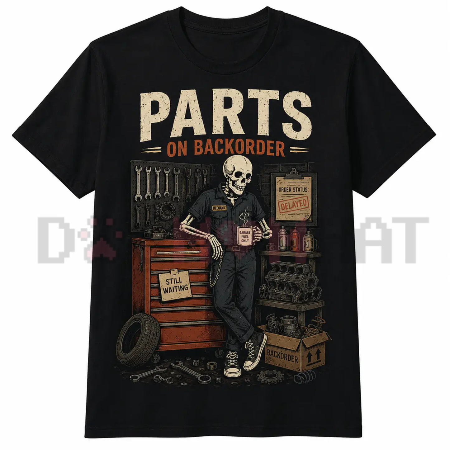 Still Waiting On Parts Skeleton Graphic Tee - Funny Auto Mechanic Technician Cotton Shirt