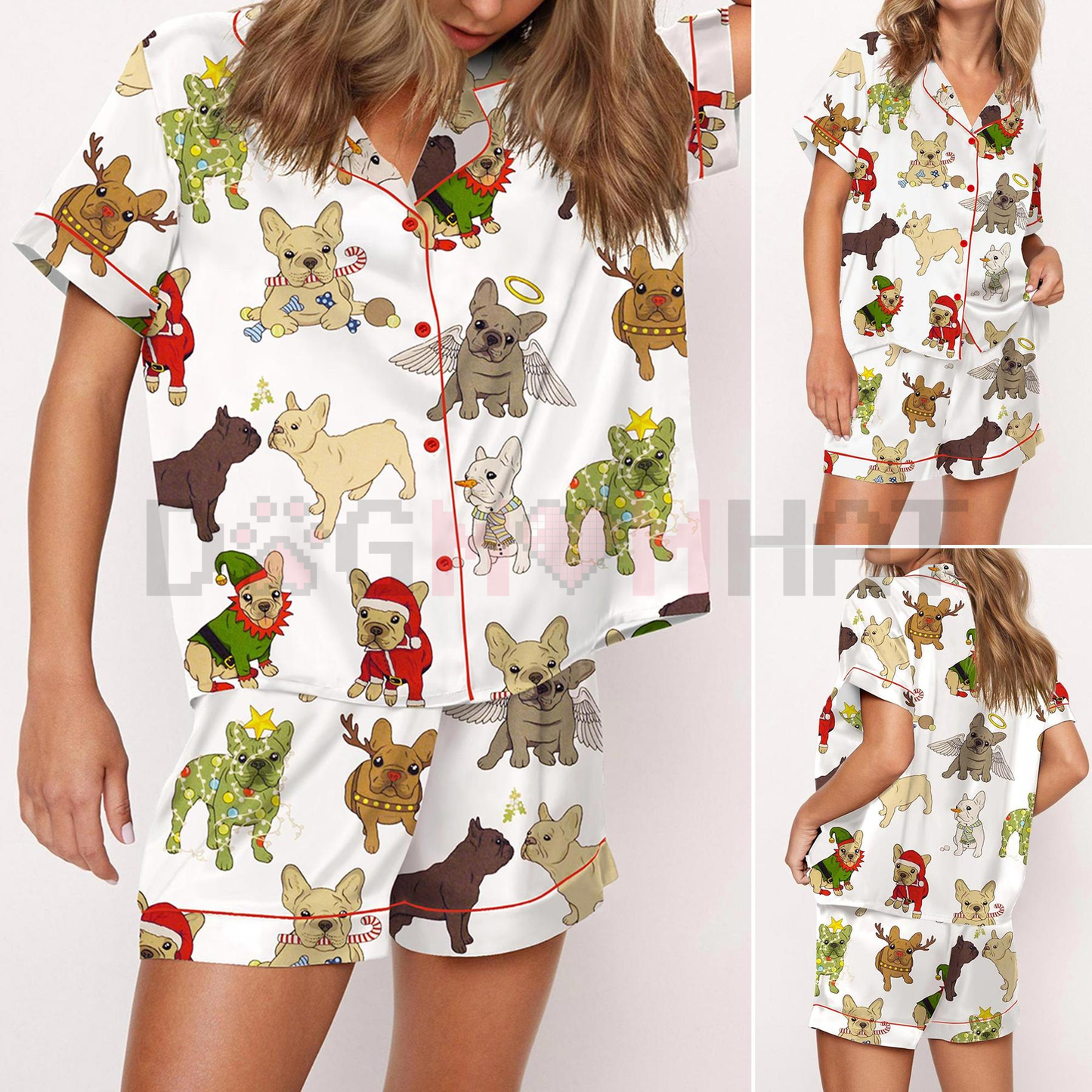 Christmas French Bulldog Satin Pajama Set For Women – Comfy Satin Sleepwear & Loungewear Pjs