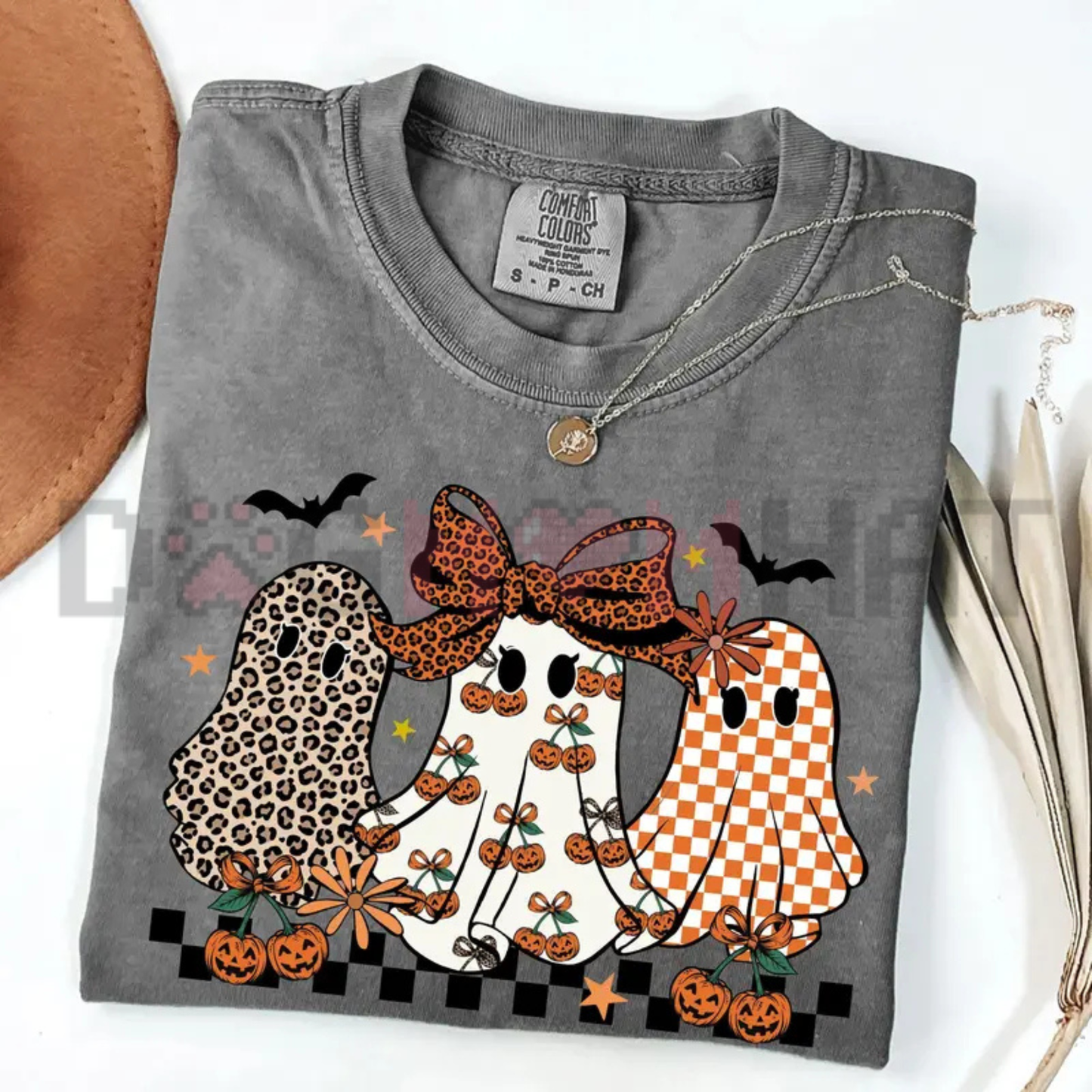 Coquette Leopard Checkered Ghost Graphic Tee - Retro Spooky Season Cute Halloween Vintage Cotton Unisex T-Shirt
