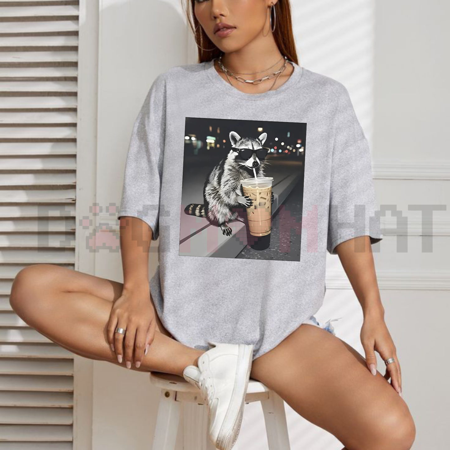 Funny Raccoon Drinking Iced Coffee Tee