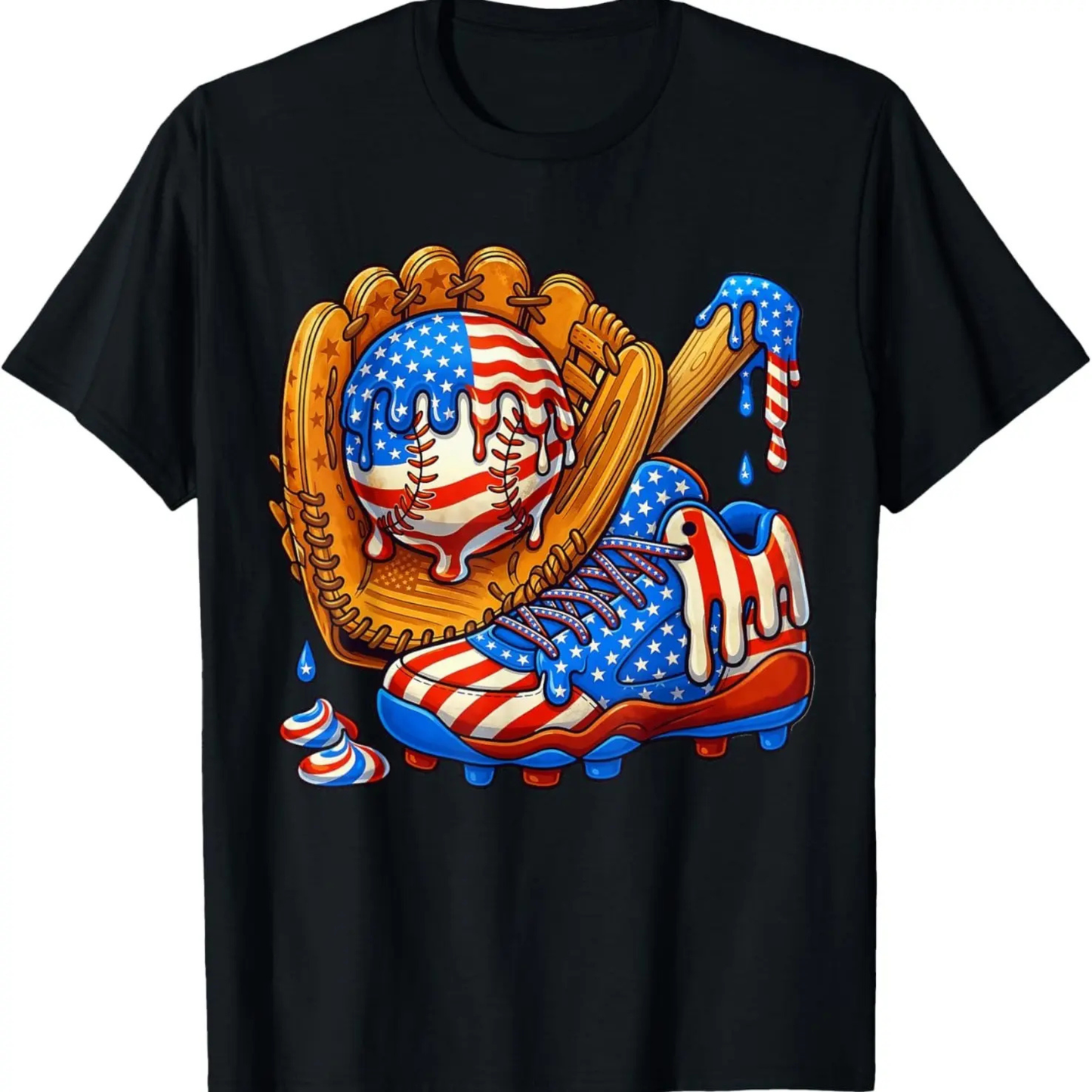 Baseball Drip Patriotic Ice Cream US Flag T-Shirt