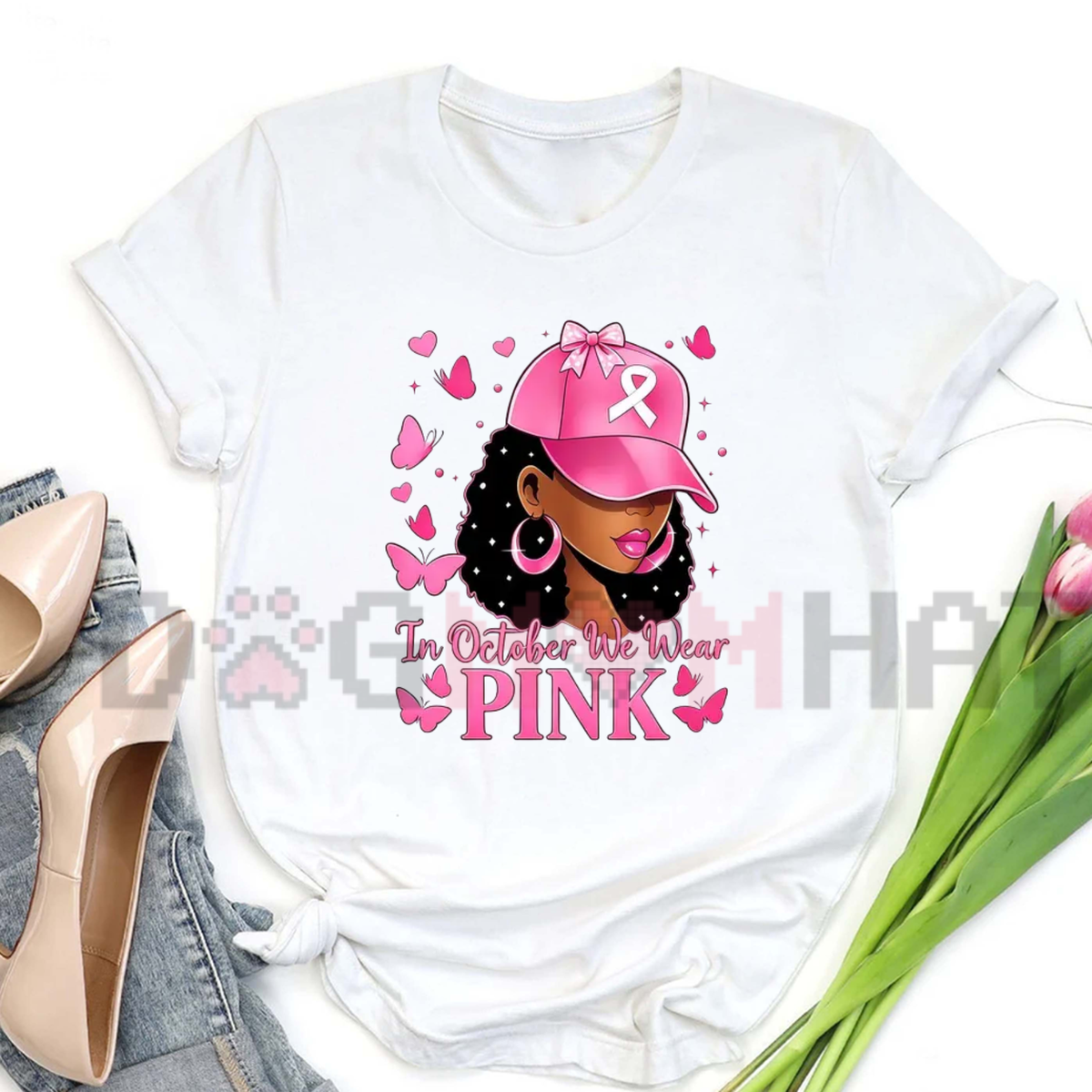 Breast Cancer Awareness Pink Ribbon Butterfly Graphic T-Shirt