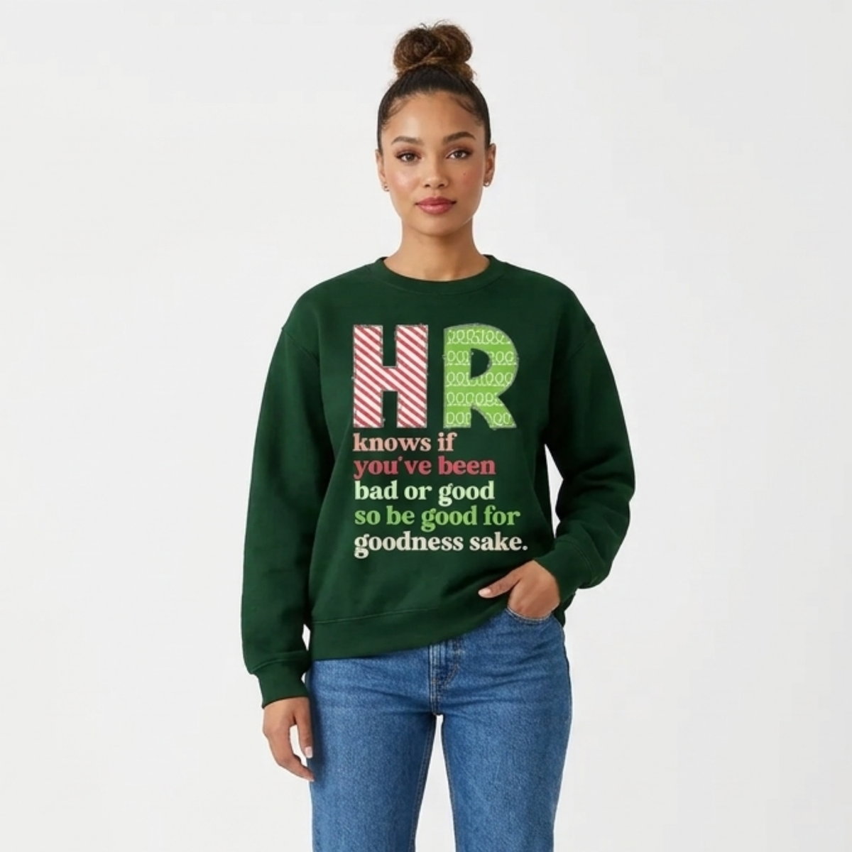 Festive Friction Tee – Christmas HR "Be Good For Goodness Sake" Santa Belt Graphic Shirt