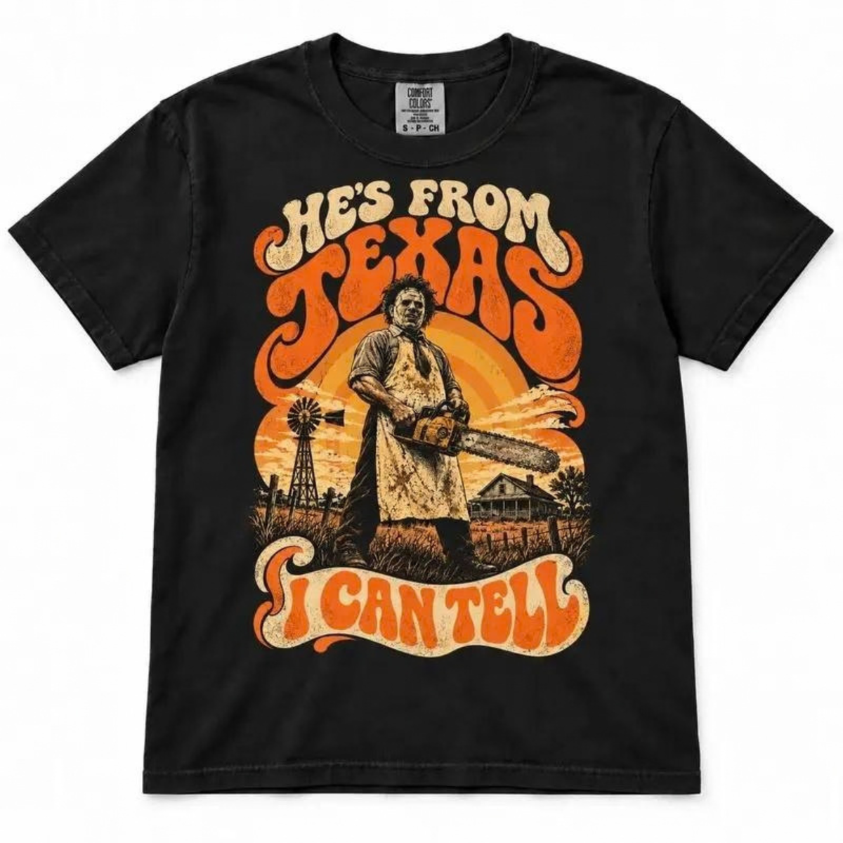 Hes From Texas I Can Tell Chainsaw Horror Graphic T-Shirt
