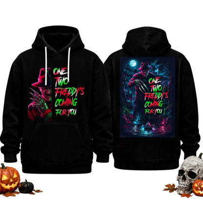 Unisex Horror Movie Villain Double-Sided Graphic Hoodie - Retro Neon Scary Character Pullover Hooded Hoodie