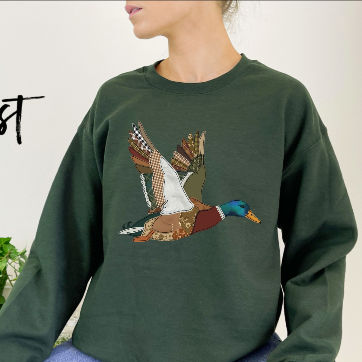 Festive Friction – Retro Patchwork Duck Illustrated Knitted-Like Casual Long-Sleeved Top