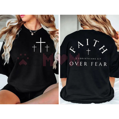Faith Over Fear Minimalist Cross Graphic Tee - Dual-Sided Pink 2 Corinthians 5:7 Elegant Christian Cotton Women's T-Shirt