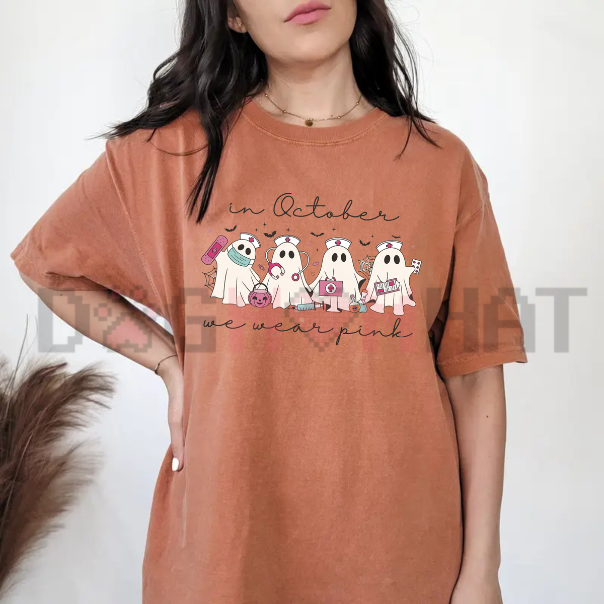 In October We Wear Pink Ghost Nurse Halloween Graphic T-Shirt