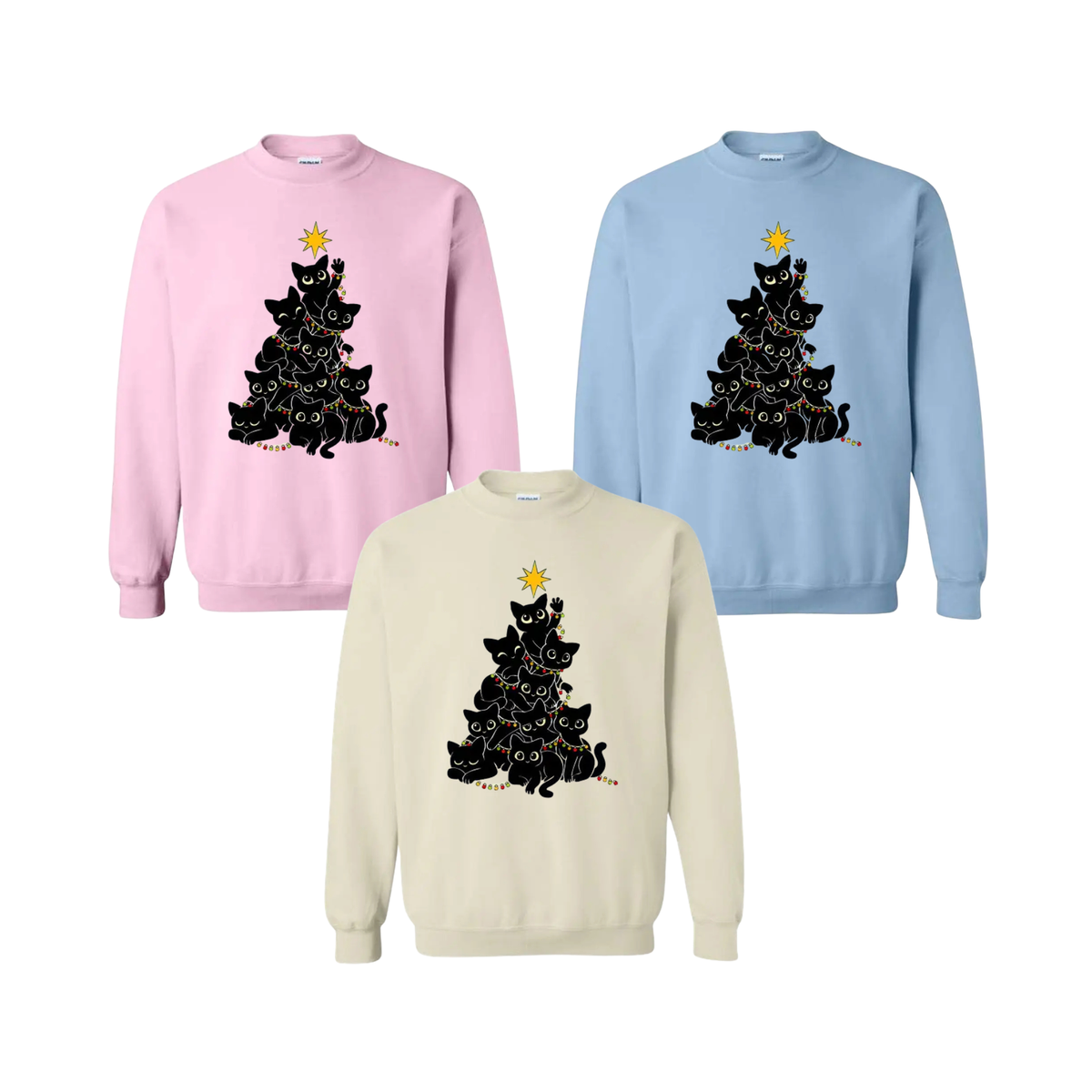 Women’s Chic Geometric Black Cat Christmas Tree Crewneck Sweatshirt