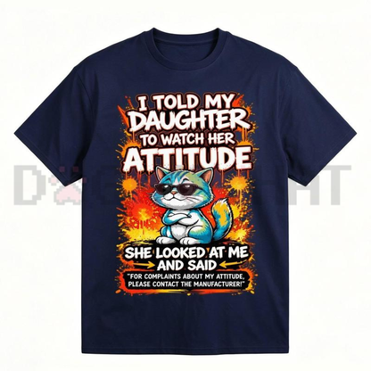 Festive Friction Tee – "I Told My Daughter To Watch Her Attitude" Funny Parenting Cat Graphic T-Shirt