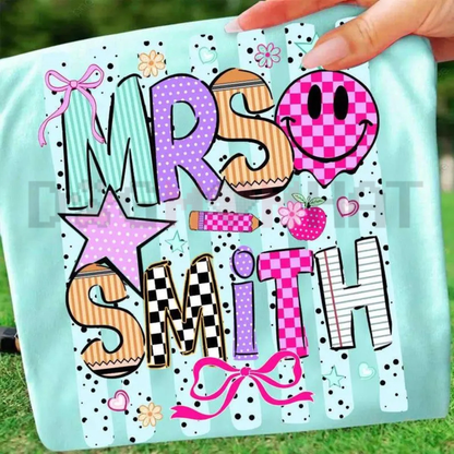 Neon Ribbon Stripe Educator Comfort Colors Tee - Personalized Coquette Bow Teacher Back to School Cotton Shirt