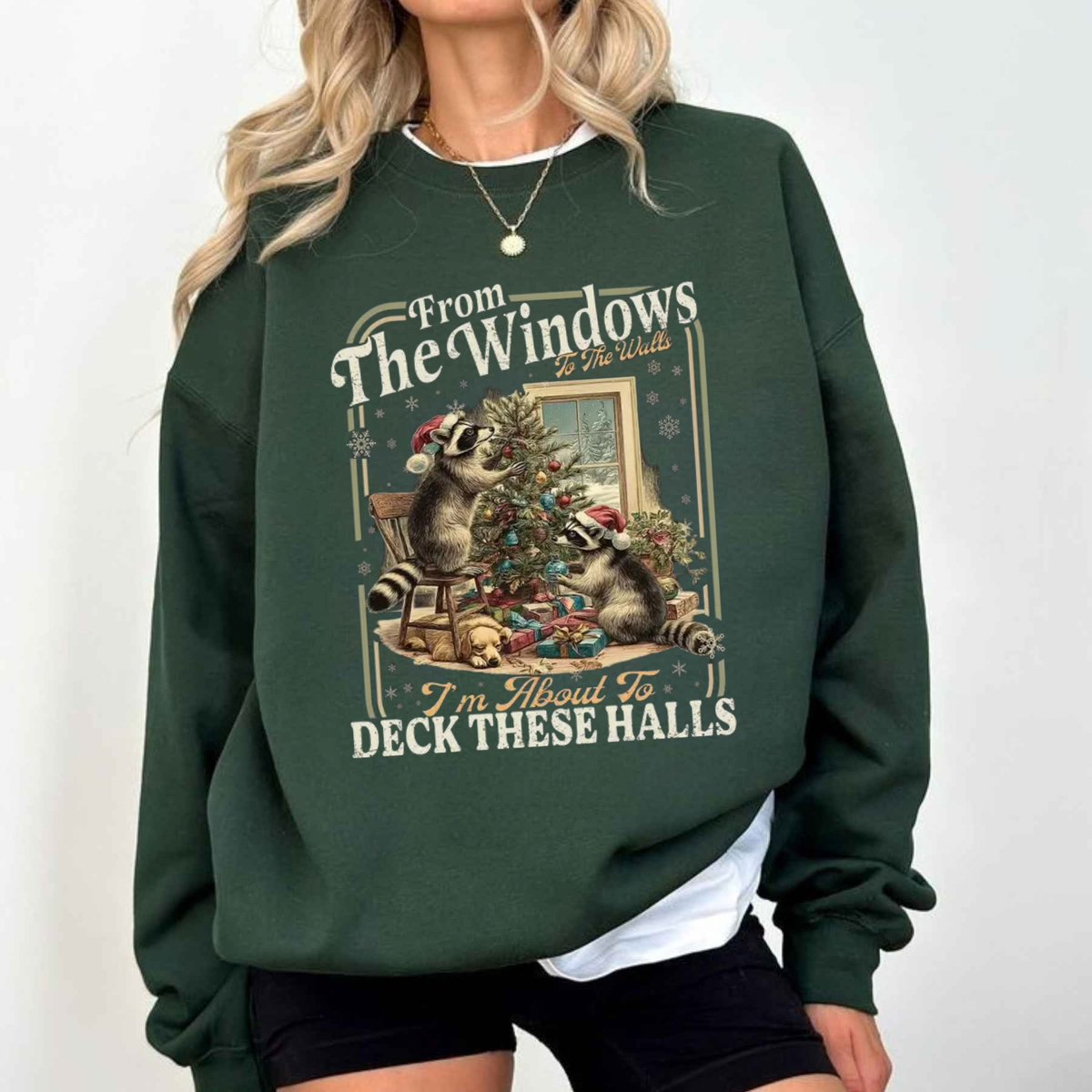 Raccoon "Deck These Halls" Funny Retro Christmas Sweater Sweatshirt