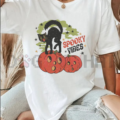 Retro 80s Spooky Black Cat Pumpkin Graphic Tee - Vintage Halloween Cat Mom Soft Cotton Unisex Fall Season T-Shirt