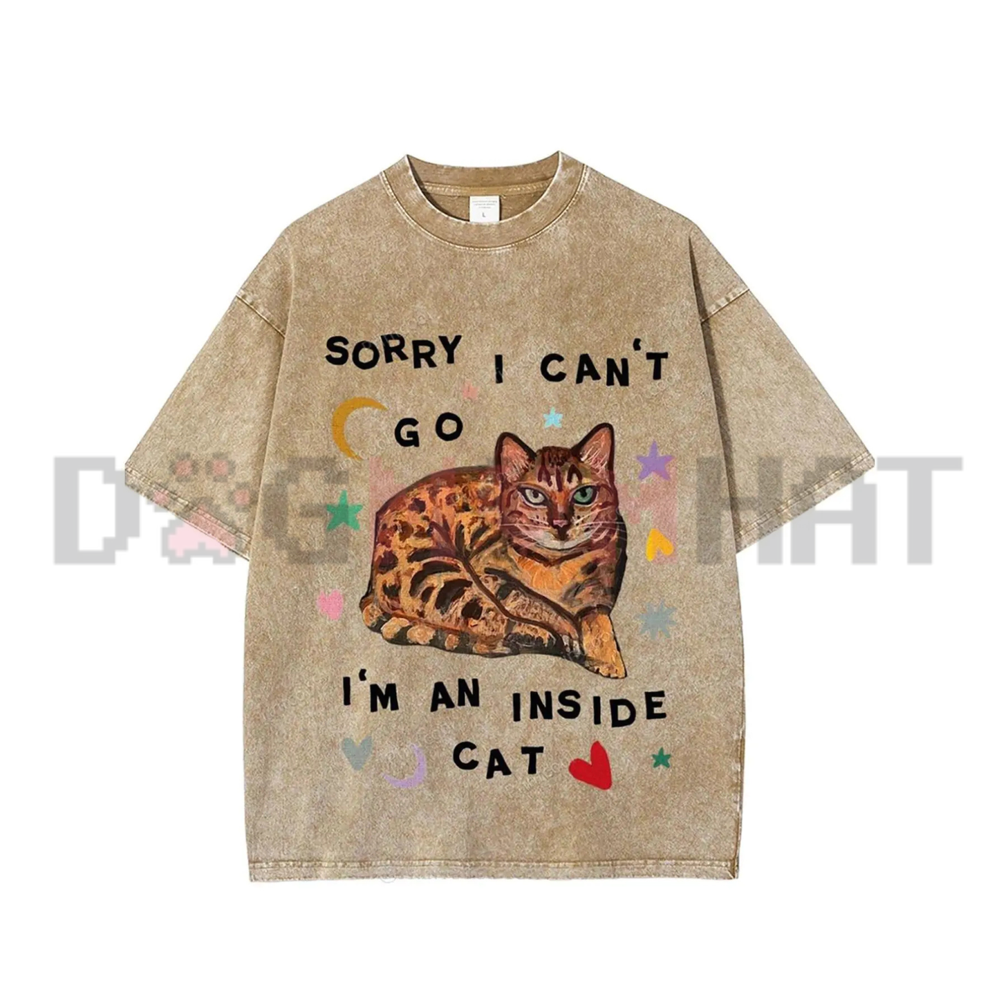 Sorry I Can't Go I'm A Home Cat Graphic Tee - Y2K Vintage Washed Coffee Brown Cotton Unisex Streetwear T-Shirt